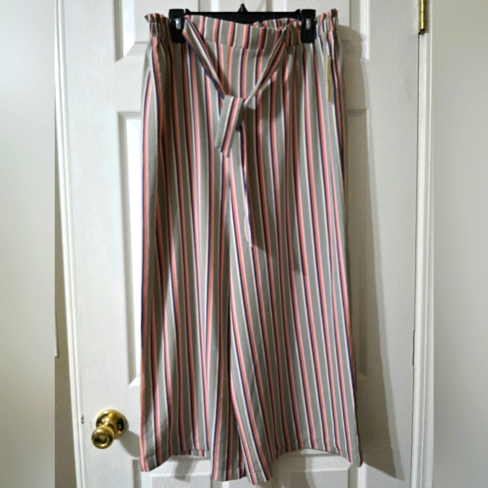 NWT June & Hudson Striped Wide Leg Flowy Cropped Palazzo Pull-On Pants, Sz Large
